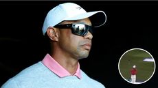 Image of Tiger Woods and inset of him taking a shot at the TGL arena