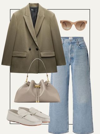 Zara blazer, Agolde jeans, Jimmy Choo bag, khaite loafers, Celine sunglasses