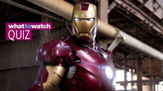 Iron Man suit with What to Watch quiz logo superimposed
