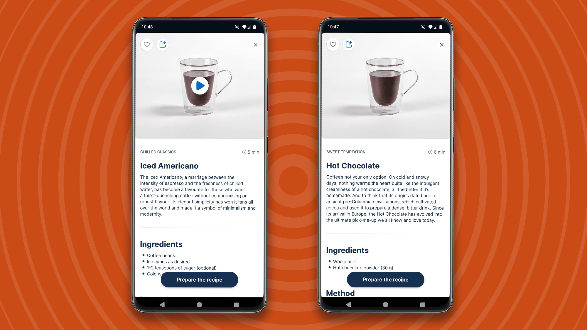 Hot drink recipes in Lavazza app