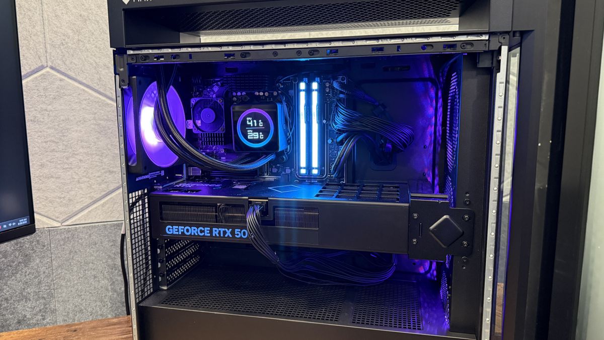 A close-up shot of the CPU cooler, graphics card and internal components of the HP Omen Max 45L