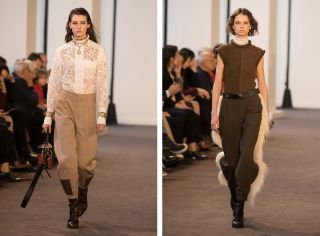 Left, model wears a white lace shirt and camel trousers. Right, mode wears a fur cape and beige trousers.