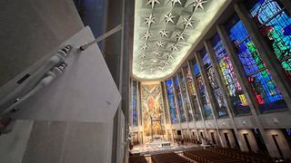 A single interior RF Venue Diversity Fin Antenna looks down the length of the spacious Cathedral of St. Joseph, providing true diversity reception and full room coverage in a single package.