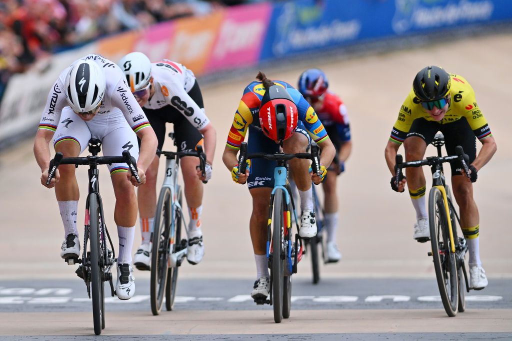 ROUBAIX FRANCE APRIL 06 LR Lotte Kopecky of Belgium and Team SD Worx Protime Elisa Balsamo of Italy and Team Lidl Trek and Marianne Vos of The Netherlands and Team Visma Lease a Bike sprint at finish line to win the race during the 4th ParisRoubaix Femmes 2024 a 1485km one day race from Denain to Roubaix on UCIWWT April 06 2024 in Roubaix France Photo by Luc ClaessenGetty Images