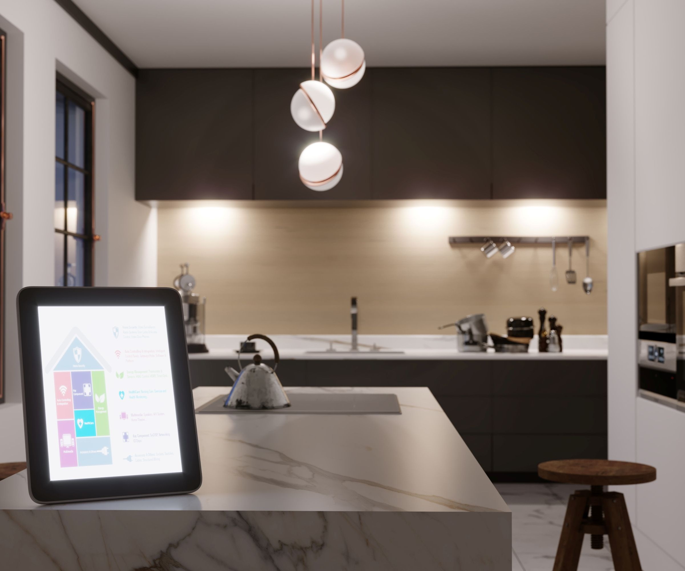 An iPad with a home security system on a marble waterfall counter in a kitchen