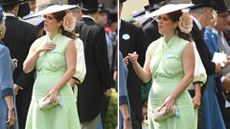 Composite of two pictures of Princess Eugenie wearing an apple green dress and emerald earrings on Day 1 of Royal Ascot 2024