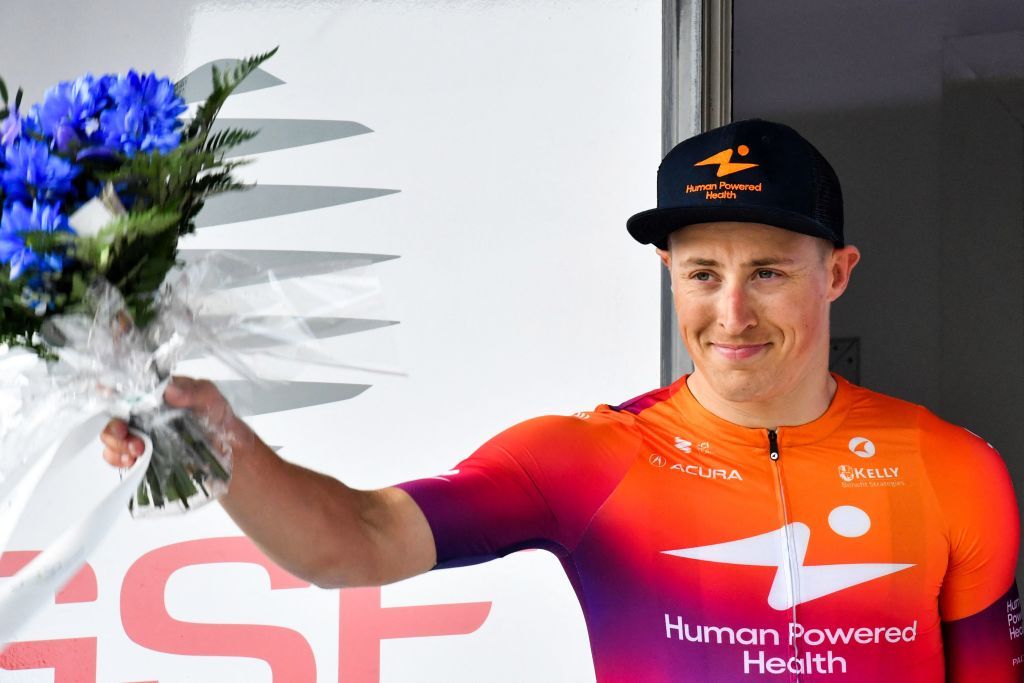 Human Powered Healths Dutch Arvid de Kleijn celebrates on the podium after winning the 161 km between Dunkirk and Aniche first stage of the 4 jours de Dunkerque Four days of Dunkirk cycling race in Aniche northern France on May 3 2022 Dutch rider Arvid de Kleijn Human Powered Health was declared winner of the first stage of the Four Days of Dunkerque on May 3 2022 in Aniche after Australian rider Sam Welsford was dropped Welsford Team DSM was the first to cross the line but was considered responsible for the crash that sent Arnaud De Lie Lotto Soudal and Daniel McLay Arkea Samsic to the ground Photo by FRANCOIS LO PRESTI AFP Photo by FRANCOIS LO PRESTIAFP via Getty Images