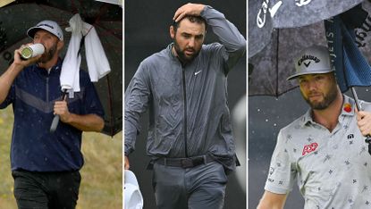 Three PGA Tour players walk under umbrellas