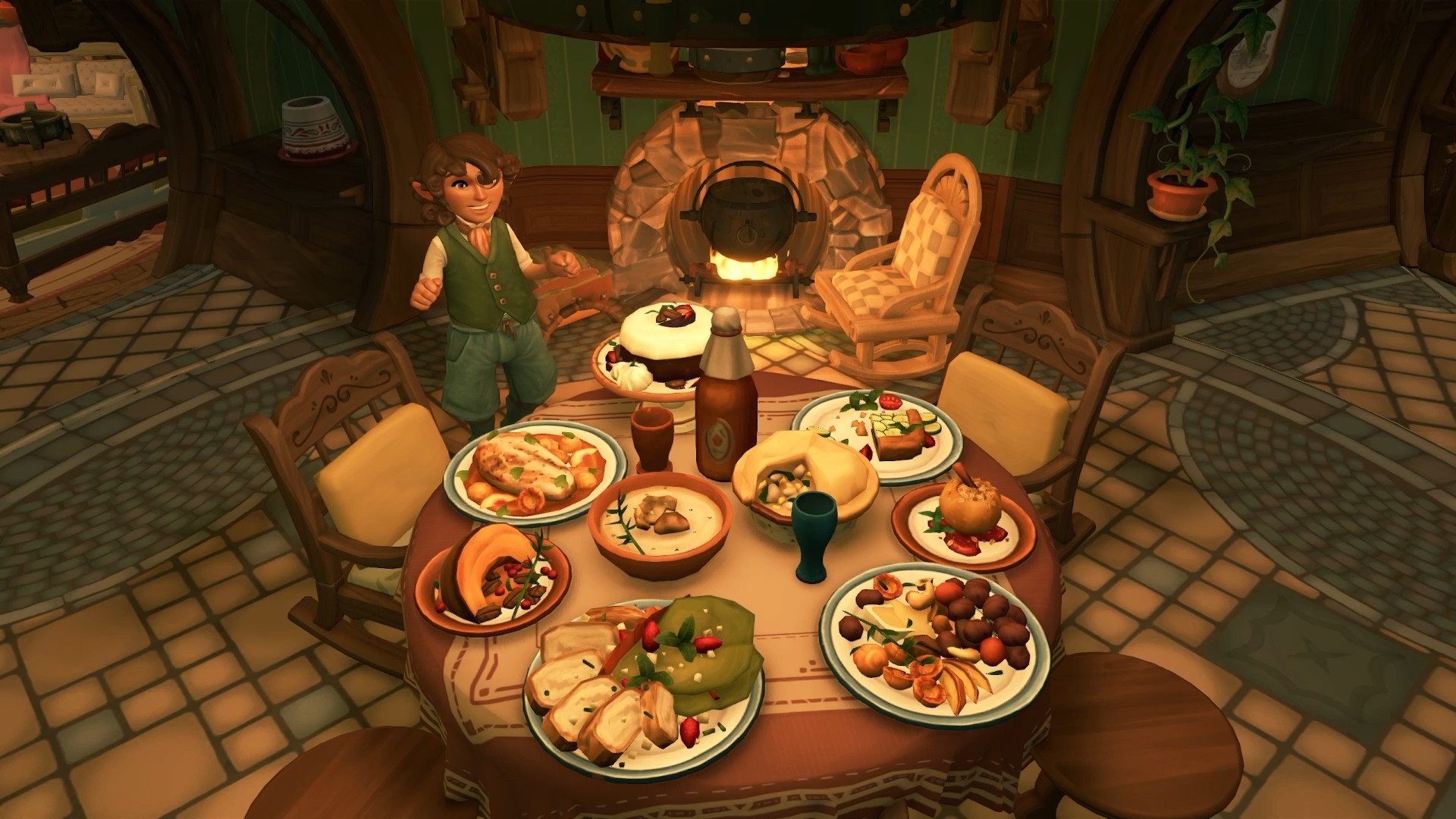 A table with food in the stories of Shire, standing there, is standing there, ready to dig near the table.