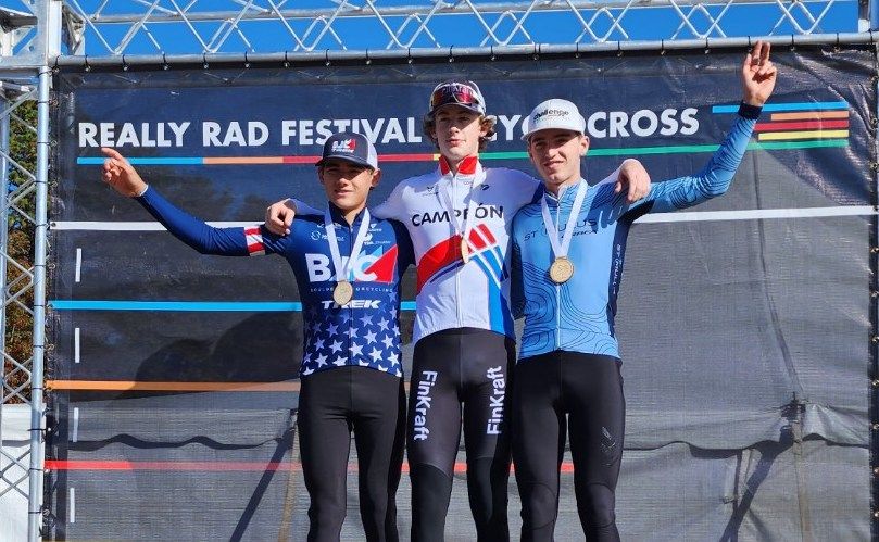 Junior Men&#039;s podium for 2022 Pan-Am Cyclocross Championships: Magnus White with silver, winner David Thompson, Ian Ackert with bronze