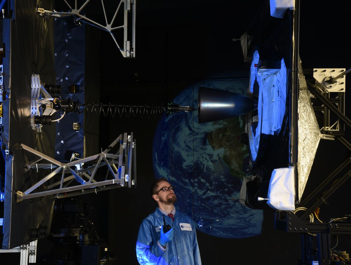 This view shows a close up of the MEV-1 spacecraft's docking apparatus during rendezvous operations.