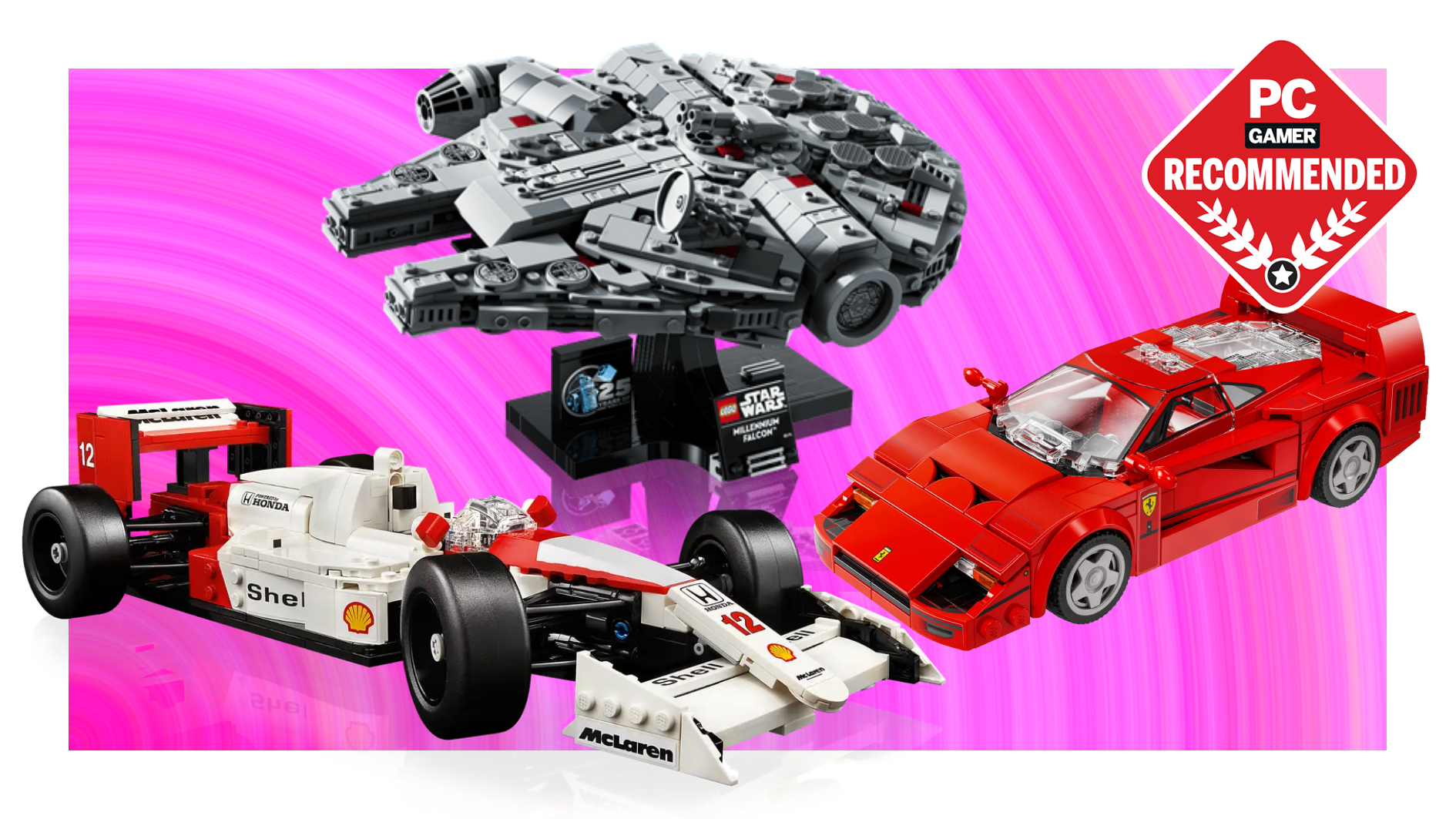 A collage of different Lego models, against a vibrant pink background, with a PC Gamer Recommended model in the top right corner.