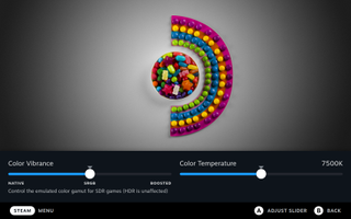 Preview image of SteamOS 3.5 with color vibrance and temperature sliders on display.