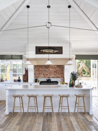 white rustic kitchen with vaulted ceiling