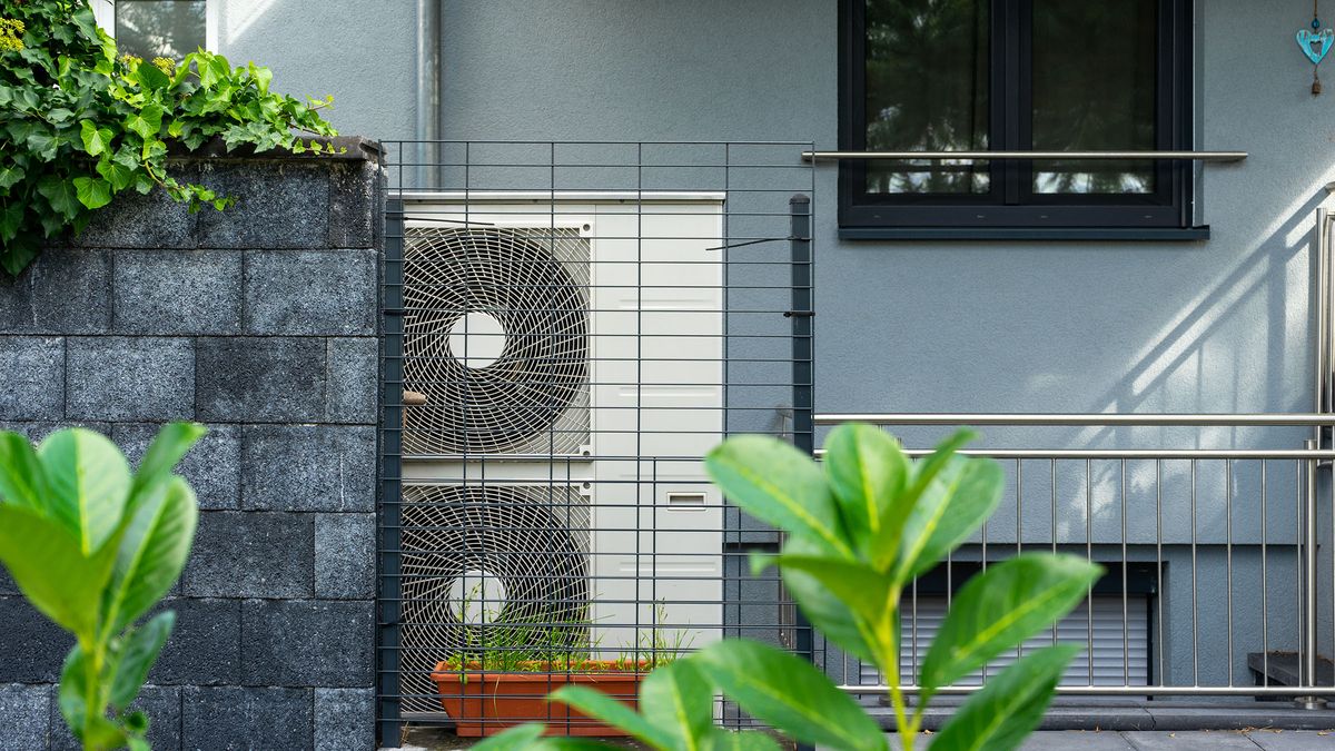 Air source heat pump in a residential garden