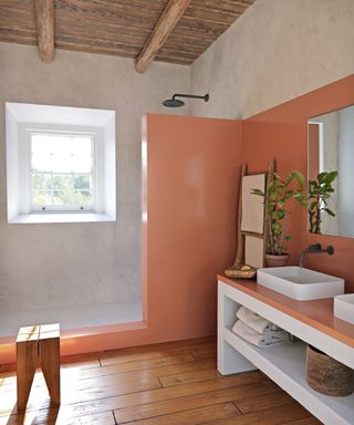 Small wet room ideas with orange color scheme