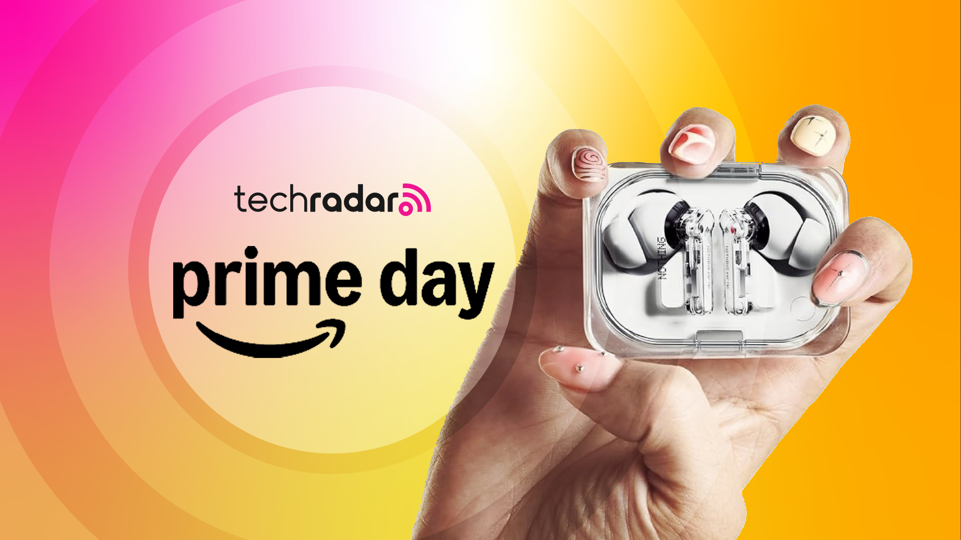 Nothing Ear (a) press shot with a hand holding the earbuds in white, on yellow TR background with &#039;Prime Day&#039; badge 
