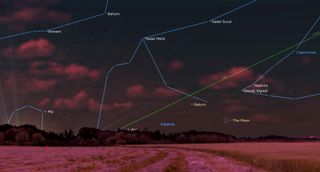 An illustration of the early morning sky on March 19 showing the conjunction of the moon and Saturn.