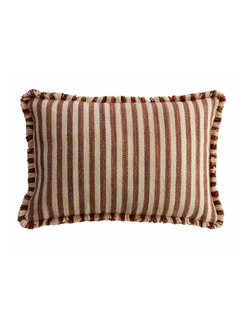 Mahogany & Sand Striped Woven Lumbar Outdoor Throw Pillow With Fringe, 14x20