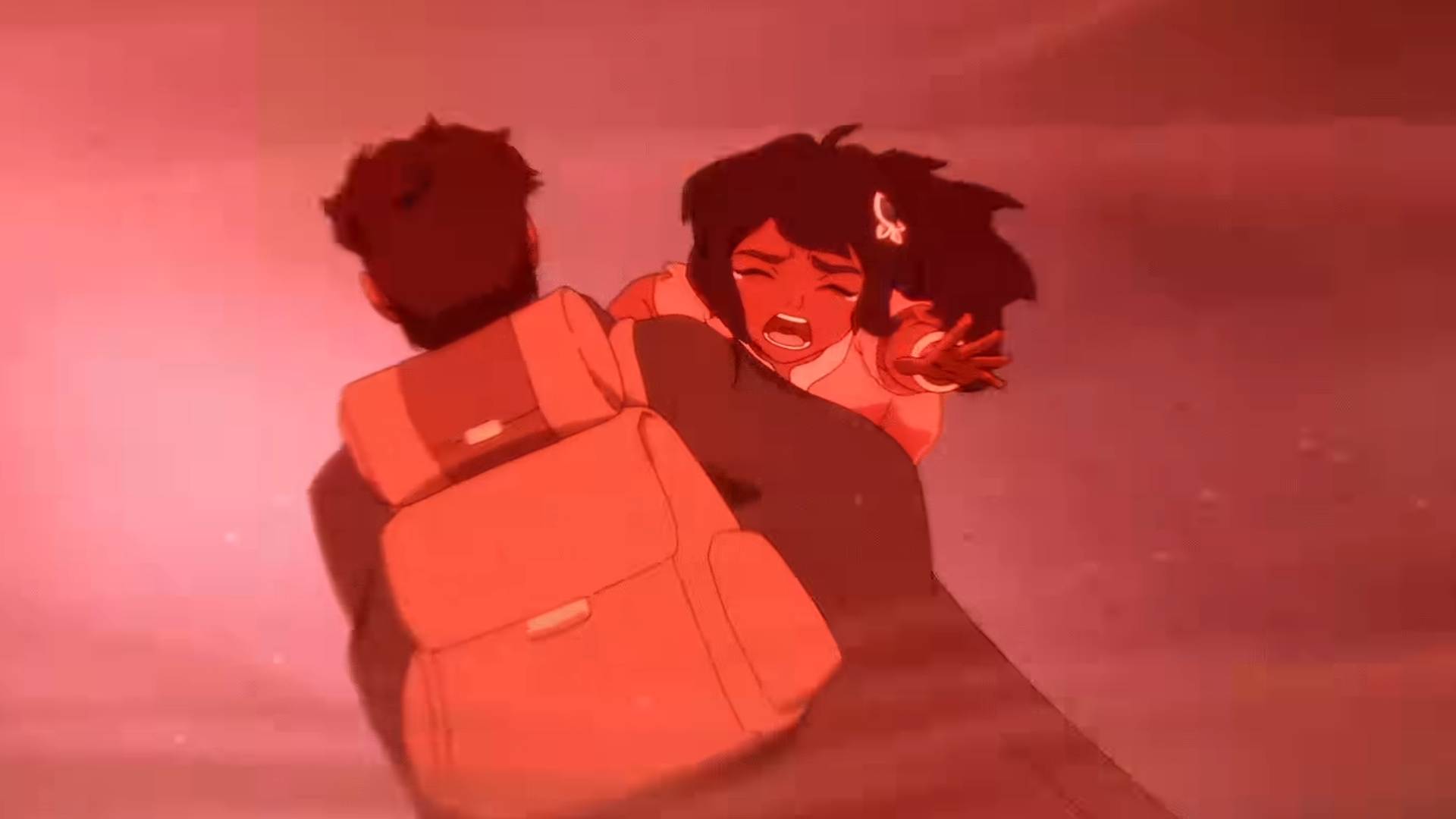 Saheli Khan as Pavi in Avatar: Seven Havens season 1, being carried by her father
