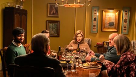 (From L to R) Rohan (Nik Dodani), Josh (Brandon Flynn), Dorothy (Edie Falco), John (Dean Norris), and Liddie (Lisa Kuthrow) in The Parenting