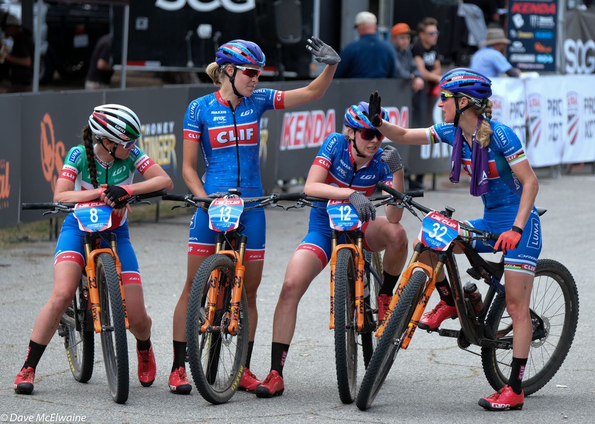 Some of the seven woman Clif Squad congratulating each other after the race
