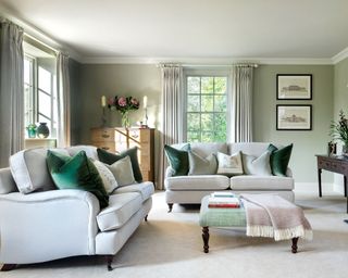 Neutral and green living room in country house in Wiltshire