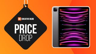 A product shot of the iPad pro 2022 on an orange background with the words price drop