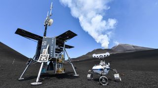 A pair of lunar robots practicing in the moon-like terrain of Italy's volcano Mount Etna.