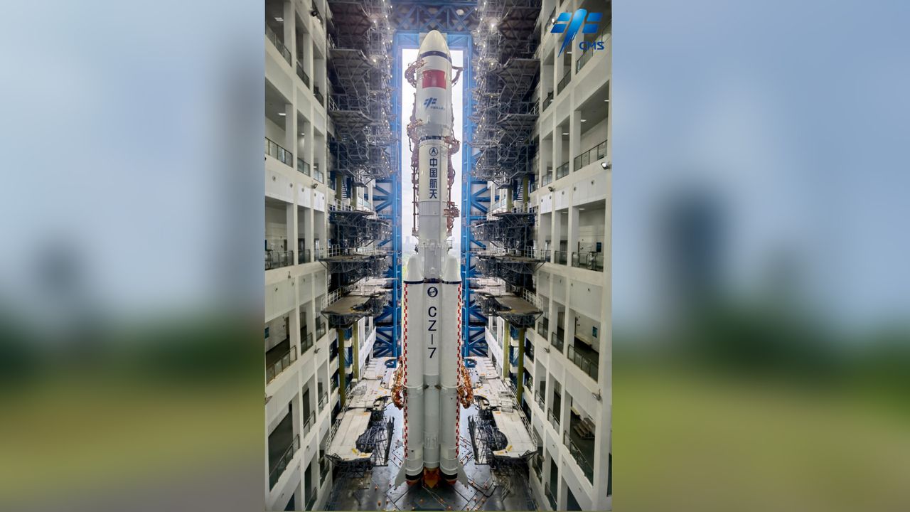 A Chinese Long March 7 rocket carrying the Tianzhou 4 cargo ship rolls out to its pad at the Wenchang Space Launch Site on Hainan Island in southern China on May 7, 2022 ahead of a planned launch.