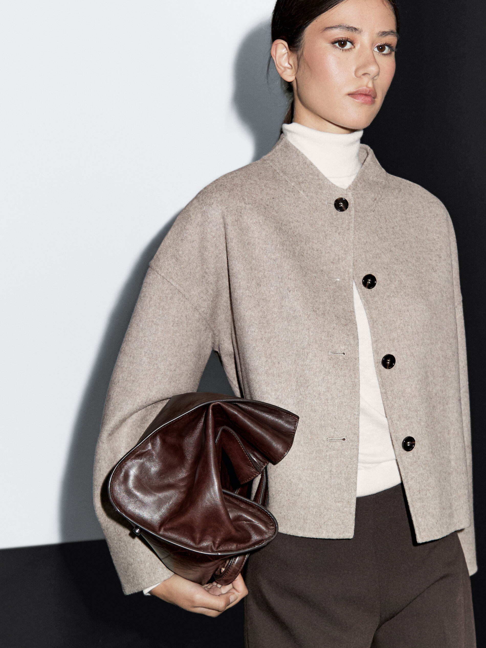Short Wool Blend Coat With High Collar