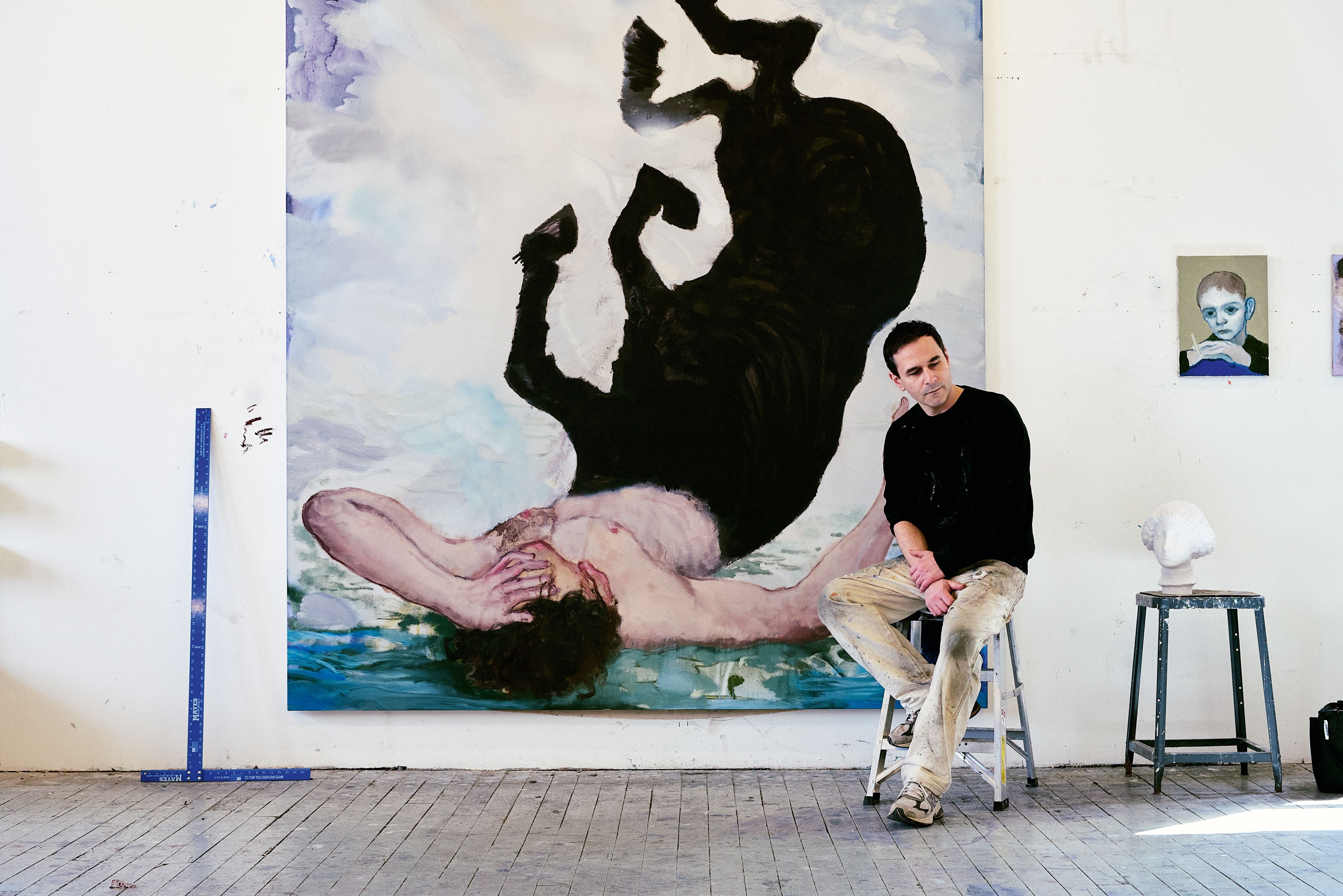 Sanya Kantarovsky photographed in April 2026 in his New York studio, with artworks