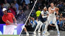 (left) Tiger Woods hits a shot out of the sand in the TGL arena while (right) Nikola Jokic plays for the Denver Nuggets against the Dallas Mavericks