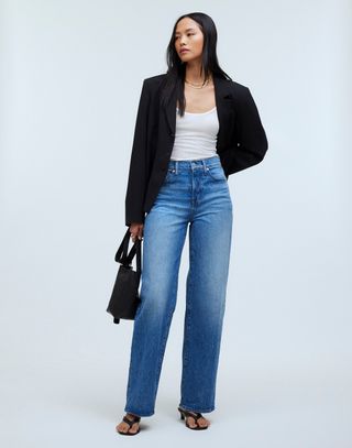 Madewell model in wide leg jeans, tshirt, and black blazer