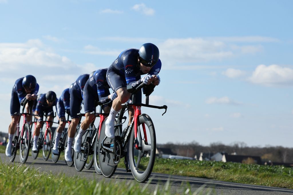 Groupama FDJ riders pictured in action during the third stage of the 81st edition of the ParisNice eight days cycling race a 322 km team time trial with start and finish in DampierreenBurly France Tuesday 07 March 2023BELGA PHOTO DAVID PINTENS Photo by DAVID PINTENS BELGA MAG Belga via AFP Photo by DAVID PINTENSBELGA MAGAFP via Getty Images