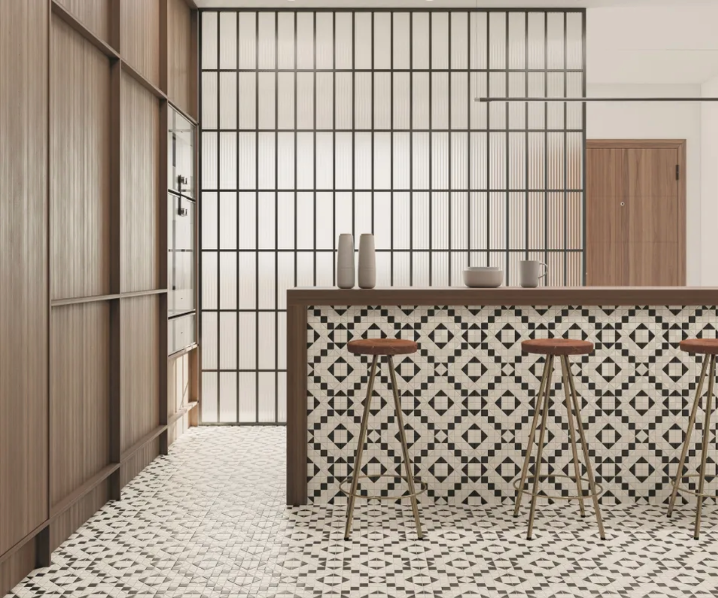 contemporary wood kitchen with black and white floor tiles and tiled breakfast bar