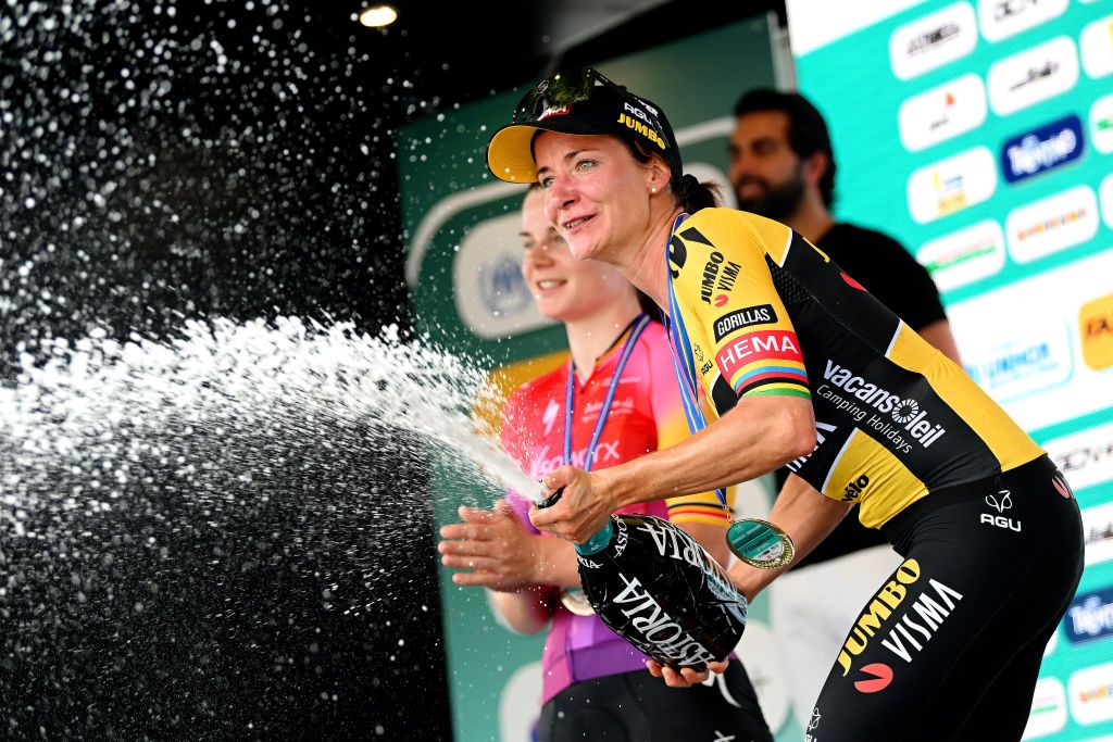 BERGAMO ITALY JULY 06 Marianne Vos of Netherlands and Jumbo Visma Team celebrates at podium as stage winner during the 33rd Giro dItalia Donne 2022 Stage 6 a 1147km stage from Sarnico to Bergamo GiroDonne UCIWWT on July 06 2022 in Bergamo Italy Photo by Dario BelingheriGetty Images