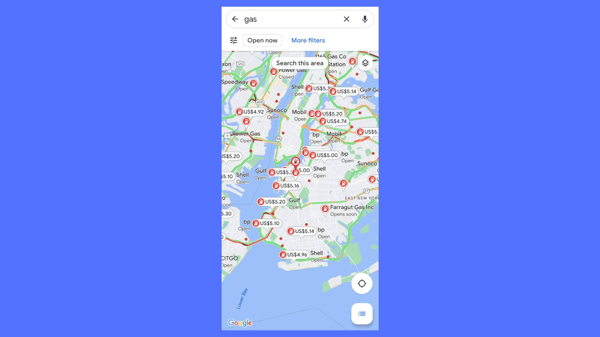  Цены на топливо в Нью-Йорке, как показано на Google Maps