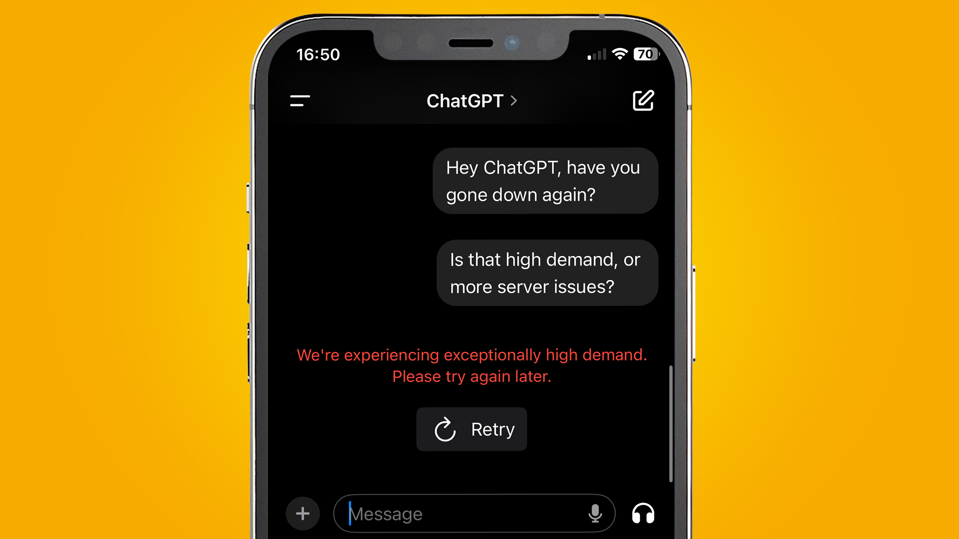 A smartphone on an orange background showing the ChatGPT app