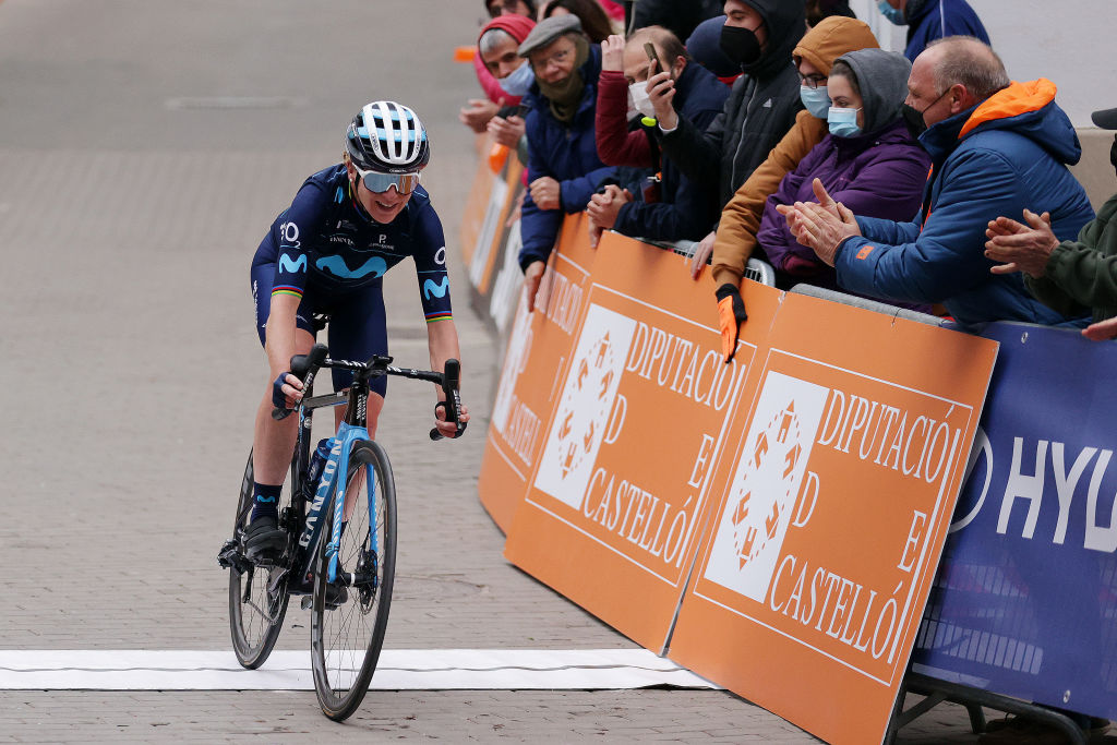 VISTABELLA DEL MAESTRAT SPAIN FEBRUARY 19 Annemiek Van Vleuten of Netherlands and Movistar Team celebrates winning during the 6th Setmana Ciclista Valenciana Vuelta Comunidad Valenciana Feminas 2022 Stage 3 a 135km from VilaReal to Vistabella del Maestrat 1245m VoltaCVFemines22 on February 19 2022 in Vistabella del Maestrat Spain Photo by Gonzalo Arroyo MorenoGetty Images