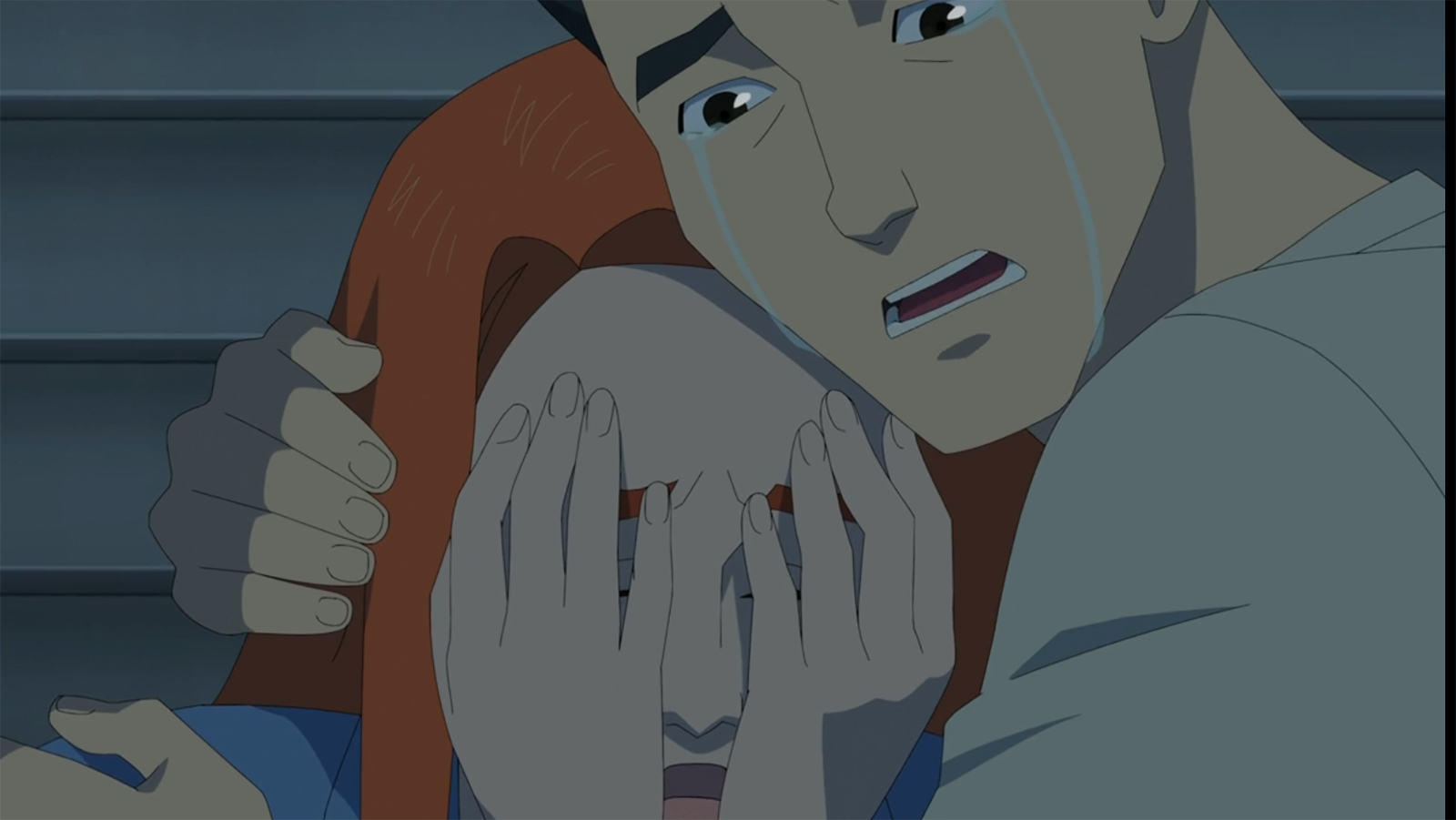 A close up of a crying Mark holding Eve with her hands over her face in Invincible season 4 episode 8