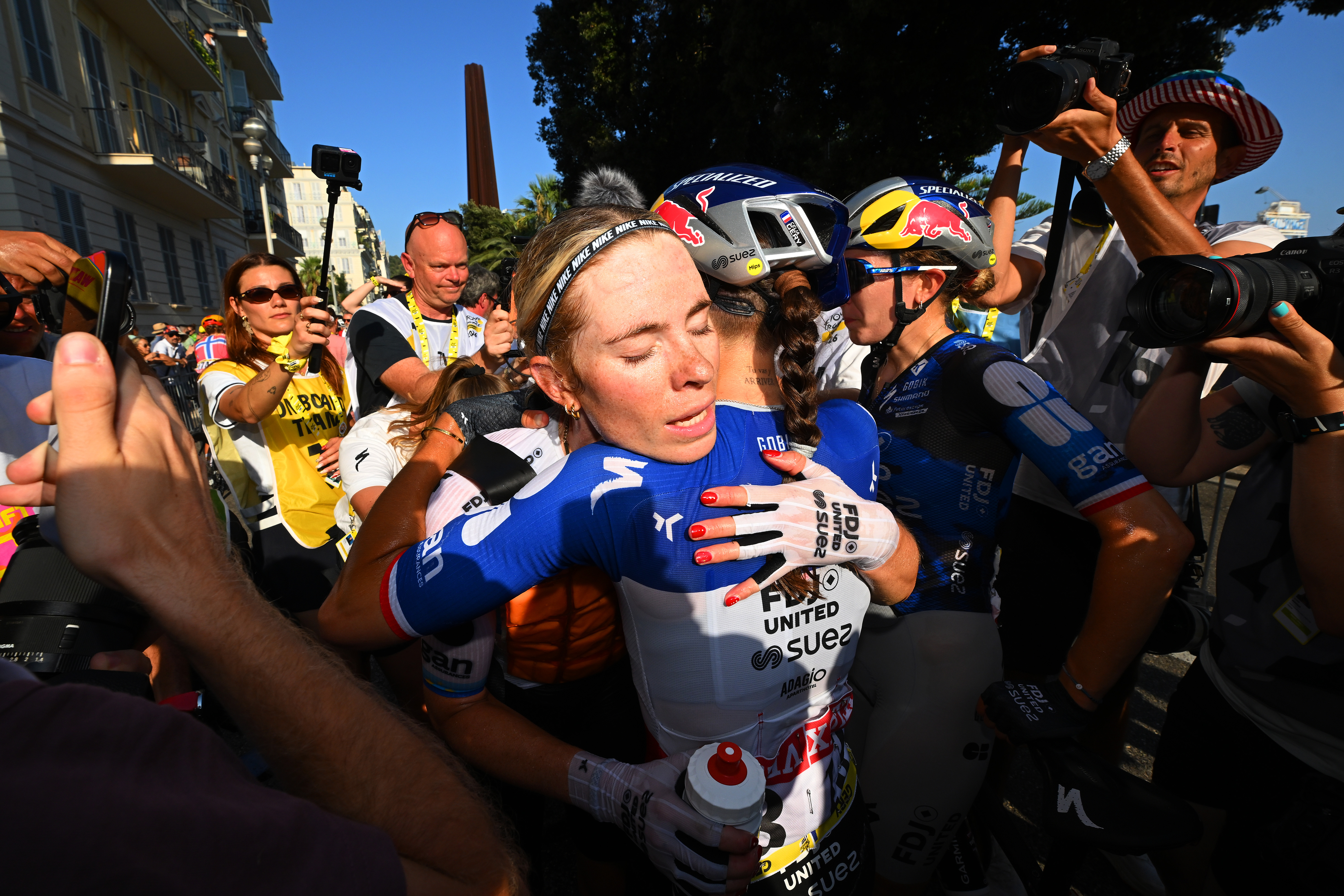 Demi Vollering and Celia Gery at the Tour de France Femmes