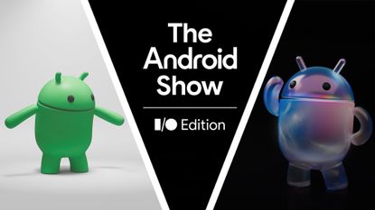 Green Android robot on the left and multicolored translucent Android robot on the right, with text inbetween in white on a black background reading 'The Android Show, I/O Edition'