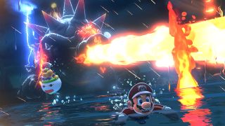 A screenshot of Super Mario 3D World + Bowser's Fury, showing Giga Bowser breathing fire at Mario and Bowser Jr.