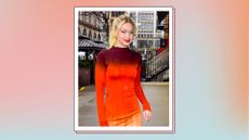 Gigi Hadid pictured in NYC, wearing an orange, brown and yellow gradient dress in a single picture blue and orange gradient template