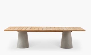 Rectangular table with two legs and a wooden bench.