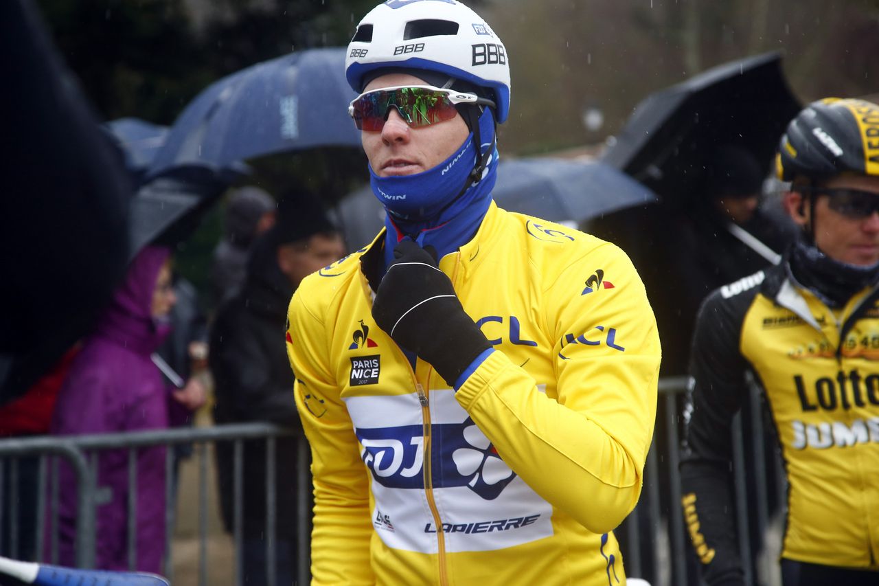 Arnaud Demare (FDJ) in yellow on a rainy Paris-Nice stage