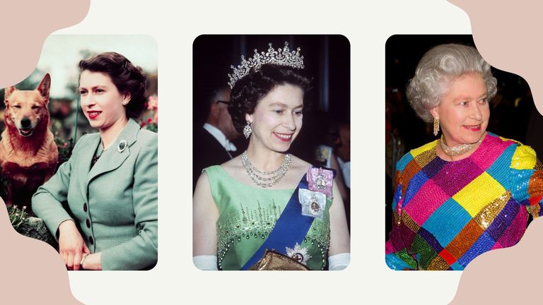 Three images of The Queen wearing nostalgic makeup looks through the years