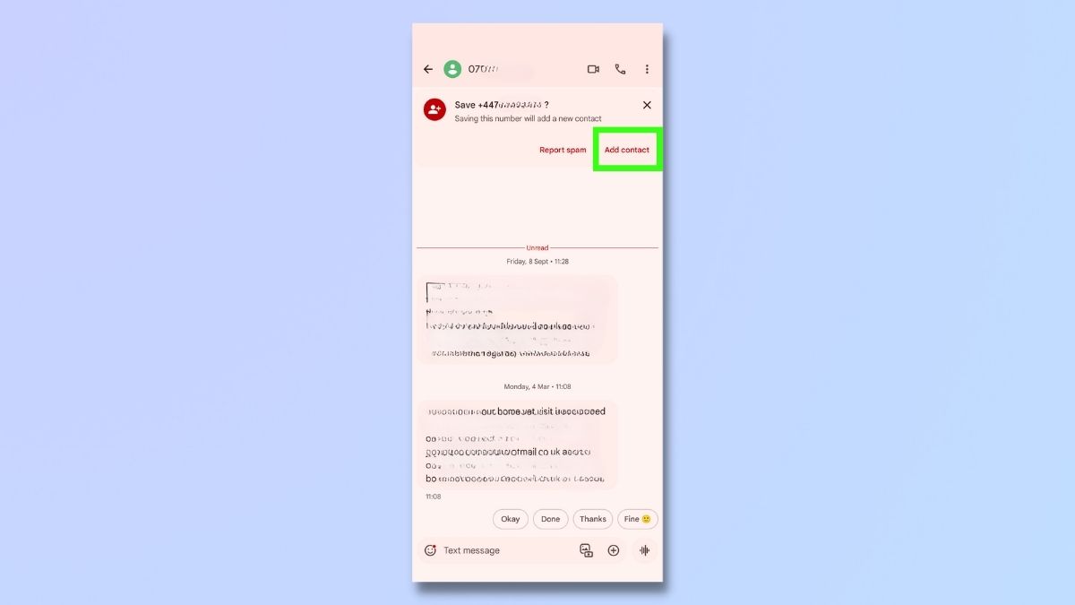 Screenshot showing how to save a contact from a message on an Android phone