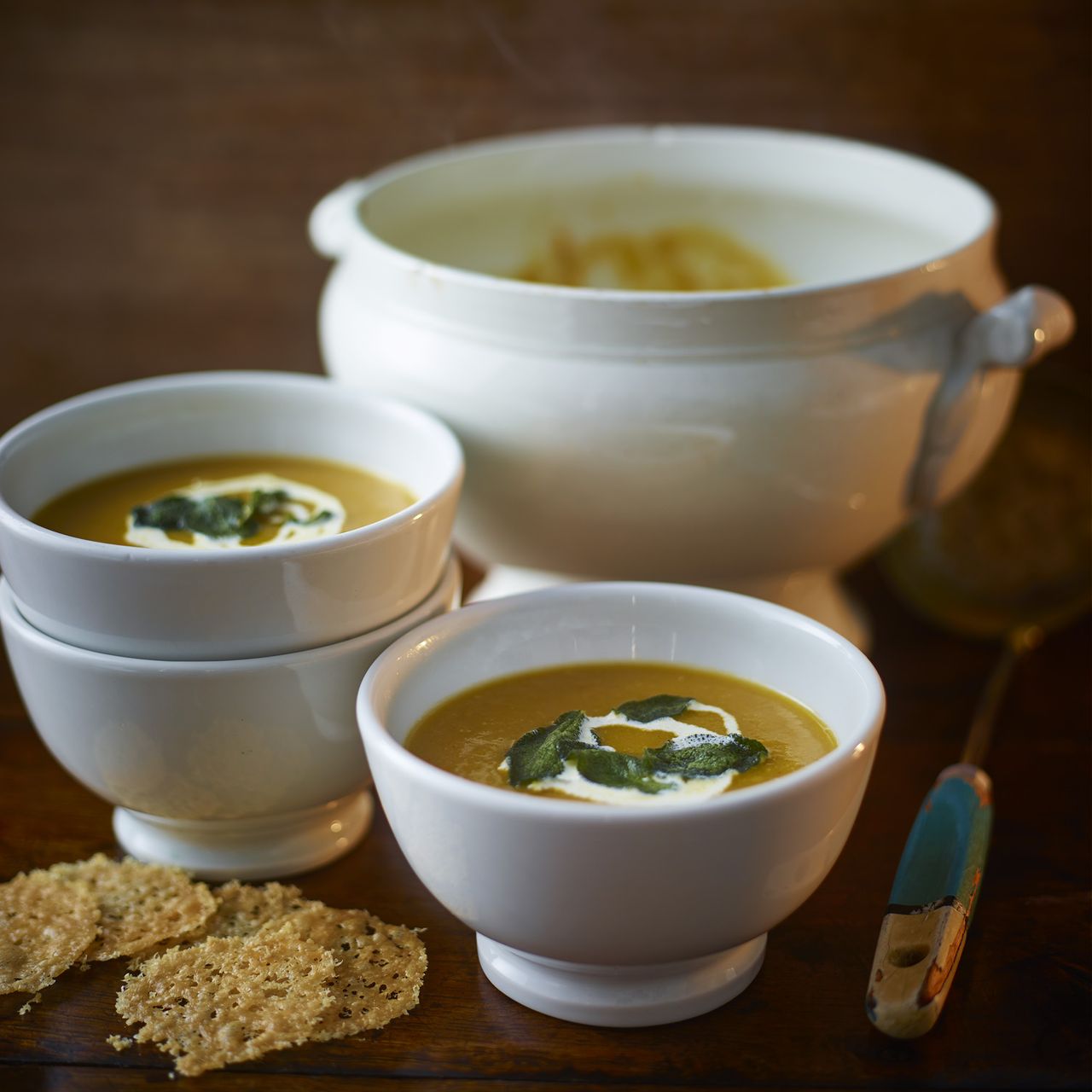 Roasted Pumpkin and Sweet Potato Soup with Parmesan Crisps